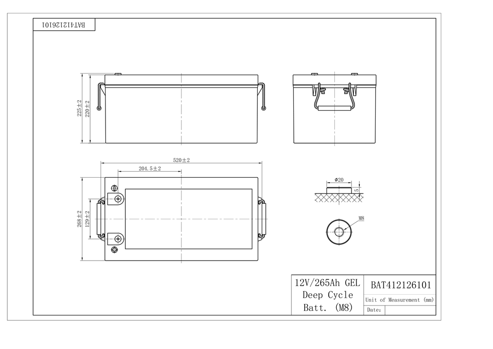 
                  
                    Batería de ciclo profundo de GEL de 12 V/265 Ah. (M8)
                  
                